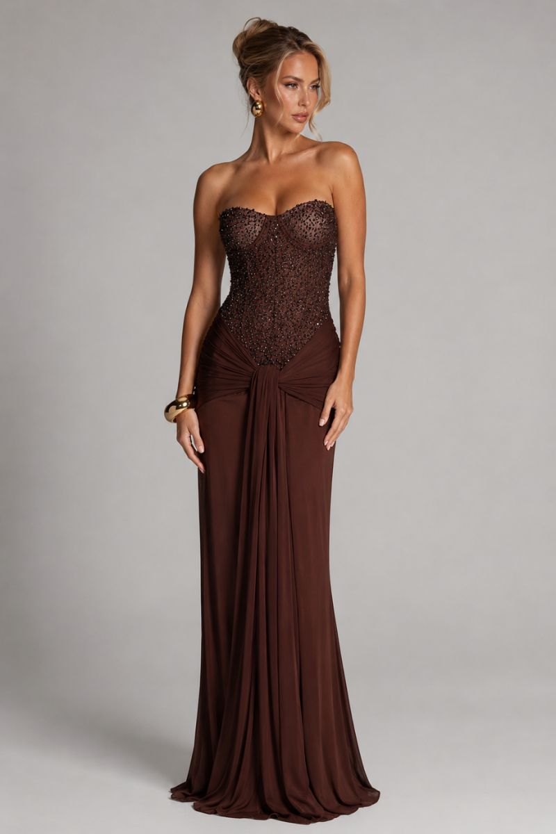 Women's Strapless Embellished Maxi Dress – Elegant Formal Evening Dress