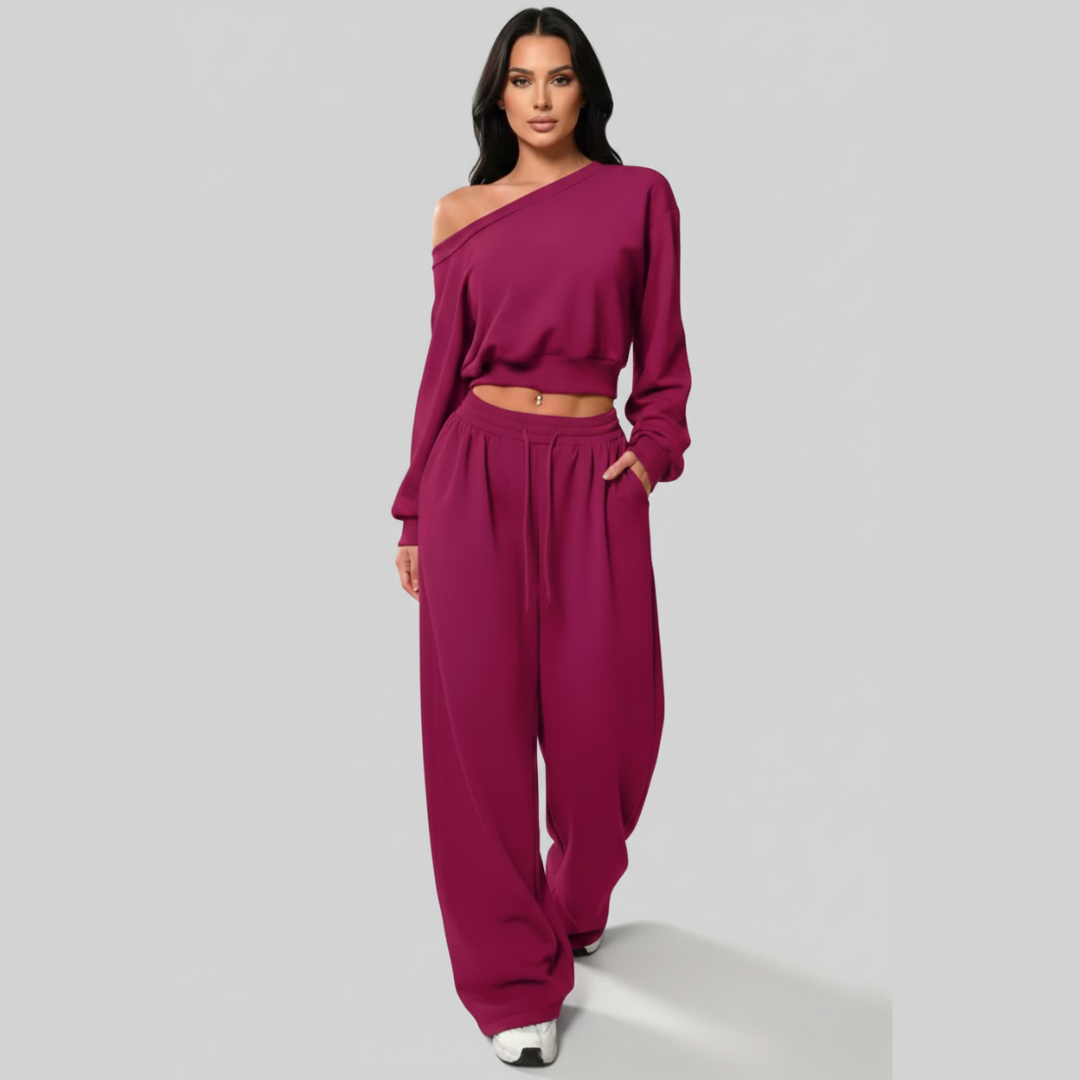 Off Shoulder Two Piece Set for Women – Long Sleeve Top and Pants Co Ord Outfit