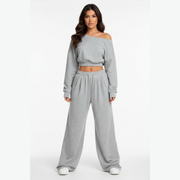 Off Shoulder Two Piece Set for Women – Long Sleeve Top and Pants Co Ord Outfit
