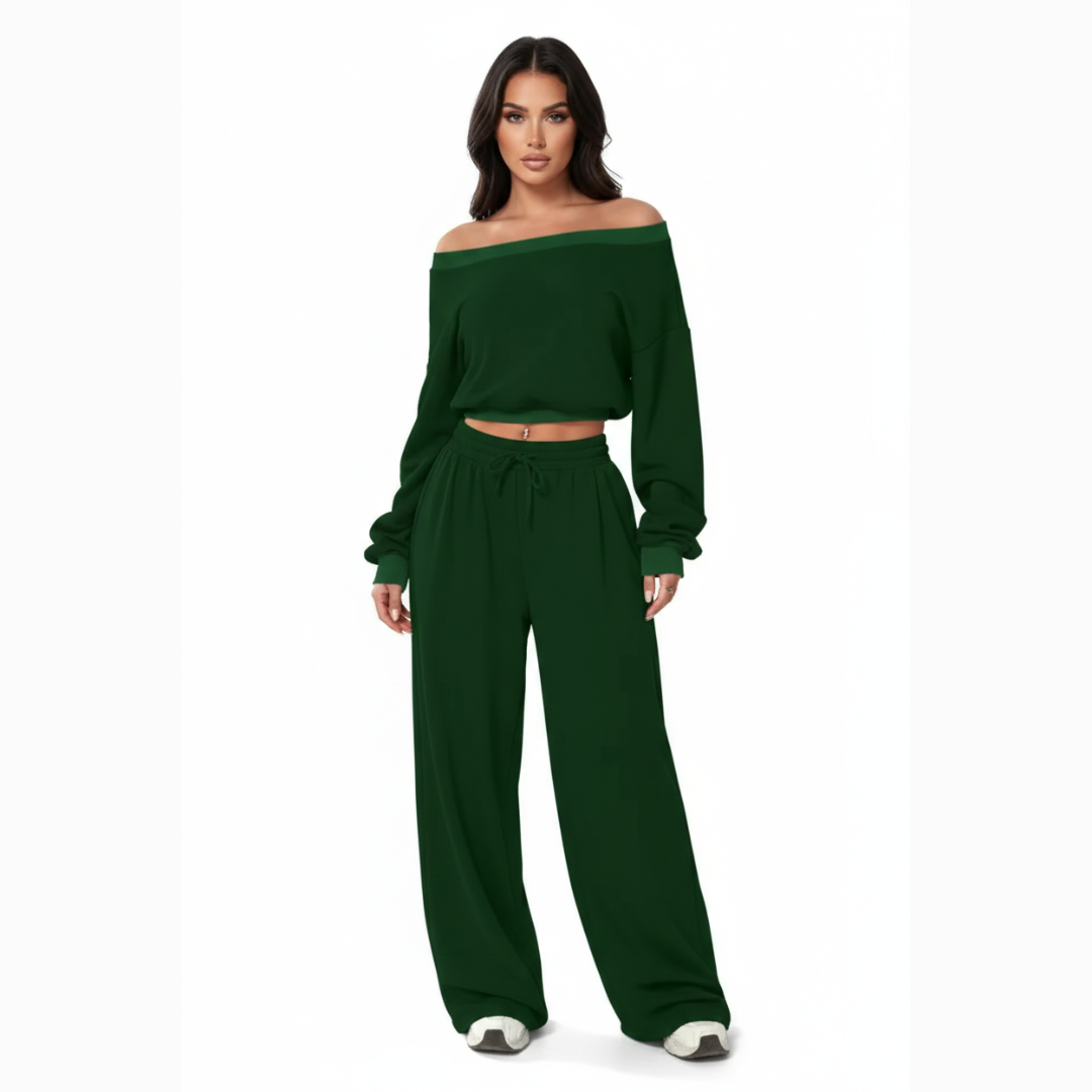 Off Shoulder Two Piece Set for Women – Long Sleeve Top and Pants Co Ord Outfit