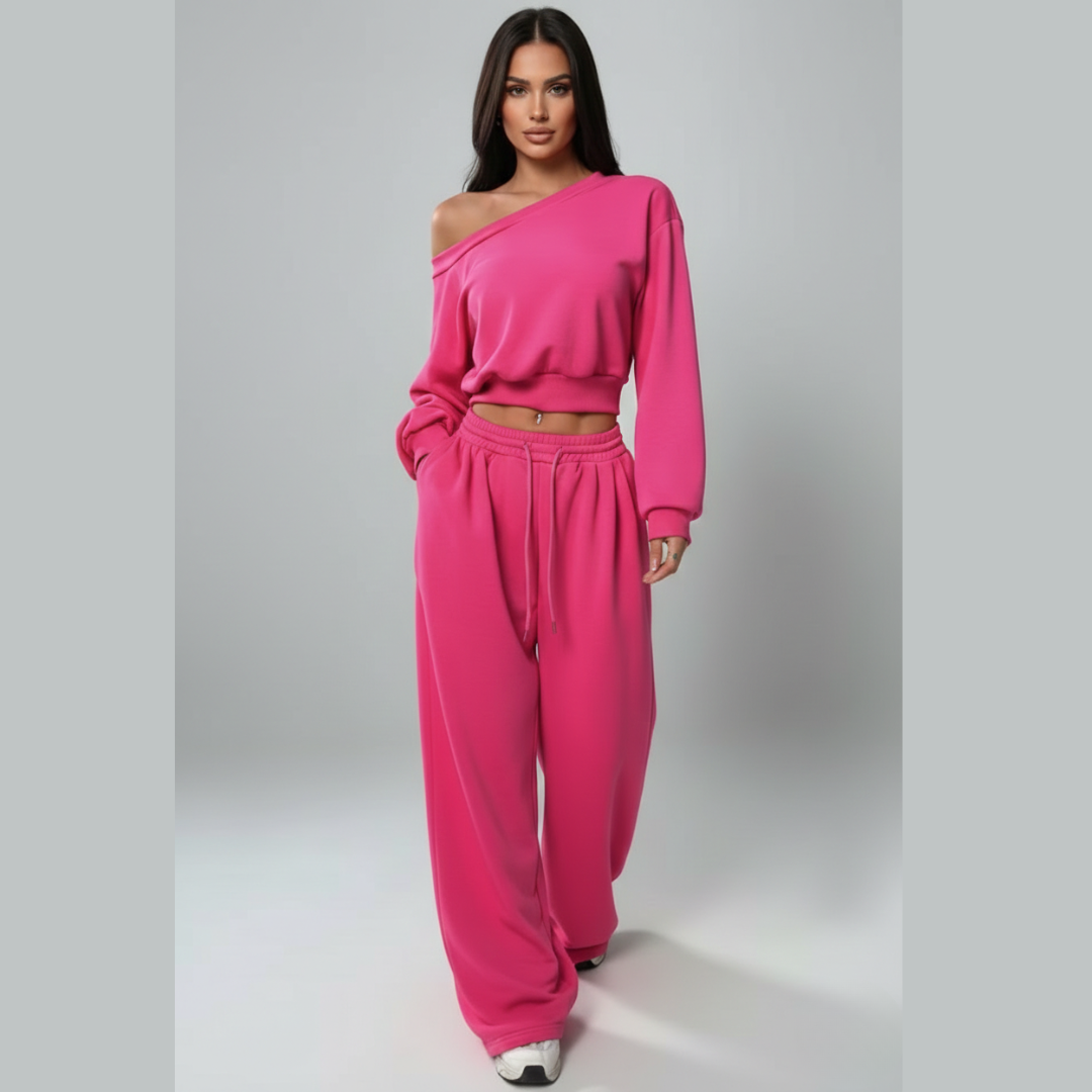 Off Shoulder Two Piece Set for Women – Long Sleeve Top and Pants Co Ord Outfit