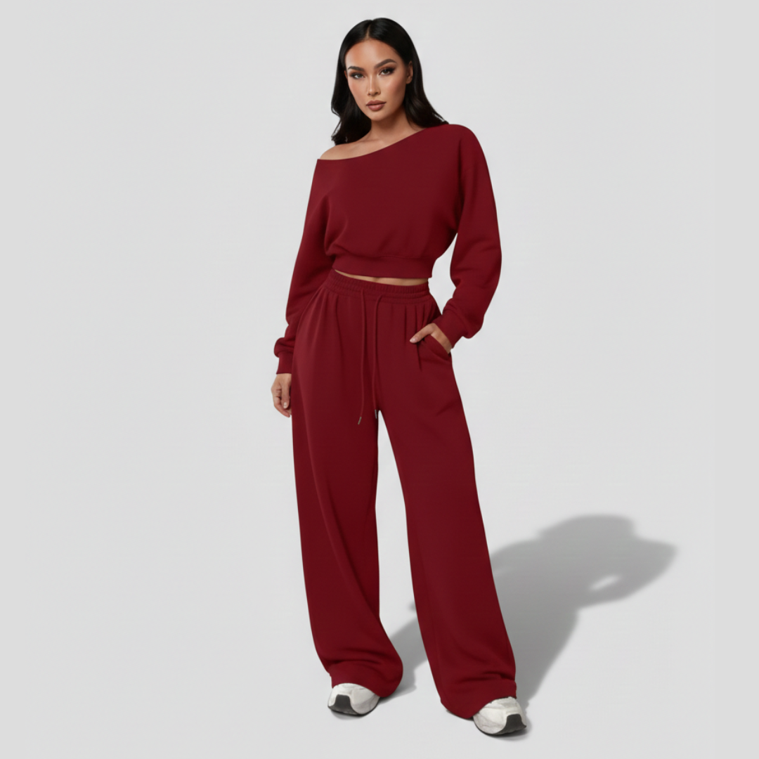 Off Shoulder Two Piece Set for Women – Long Sleeve Top and Pants Co Ord Outfit