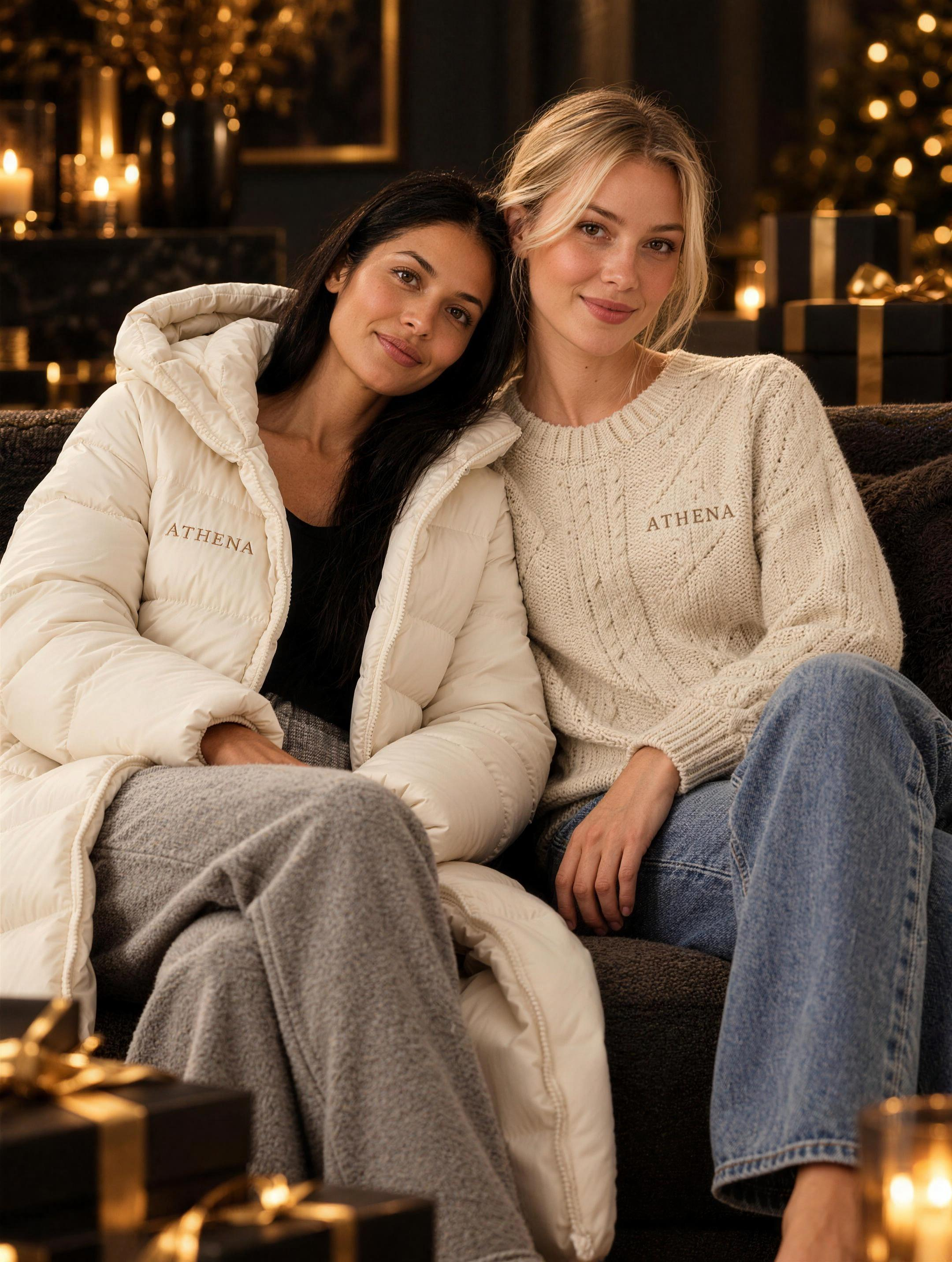Two women on a sofa, one in a cream ATHENA puffer coat and one in a cream ATHENA cable-knit sweater