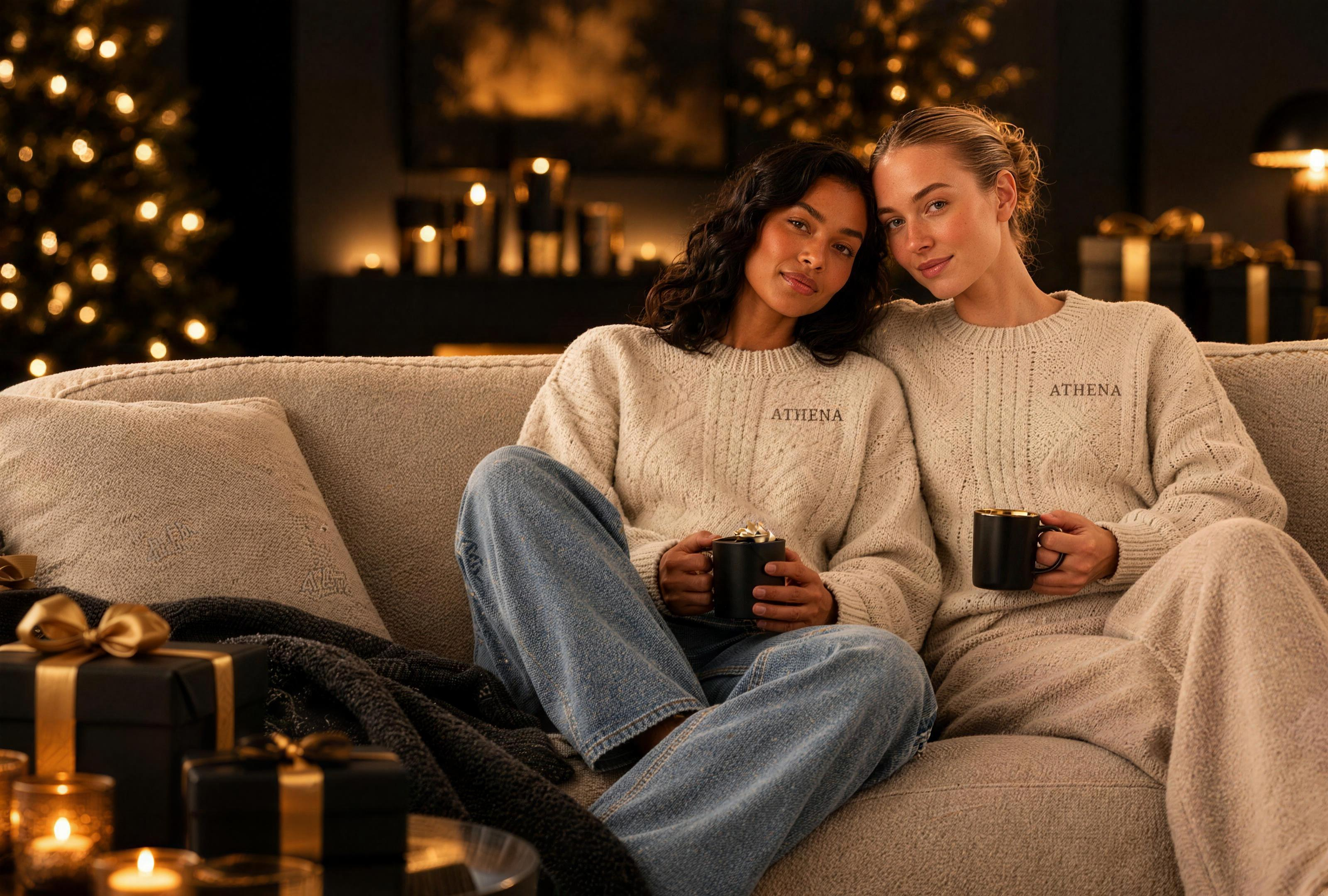 Two women relaxing on a sofa in cream ATHENA cable-knit sweaters