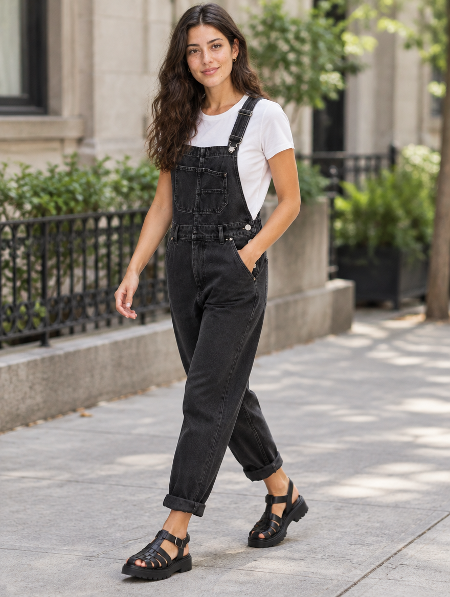 Woman walking in black denim overalls with rolled cuffs, side view