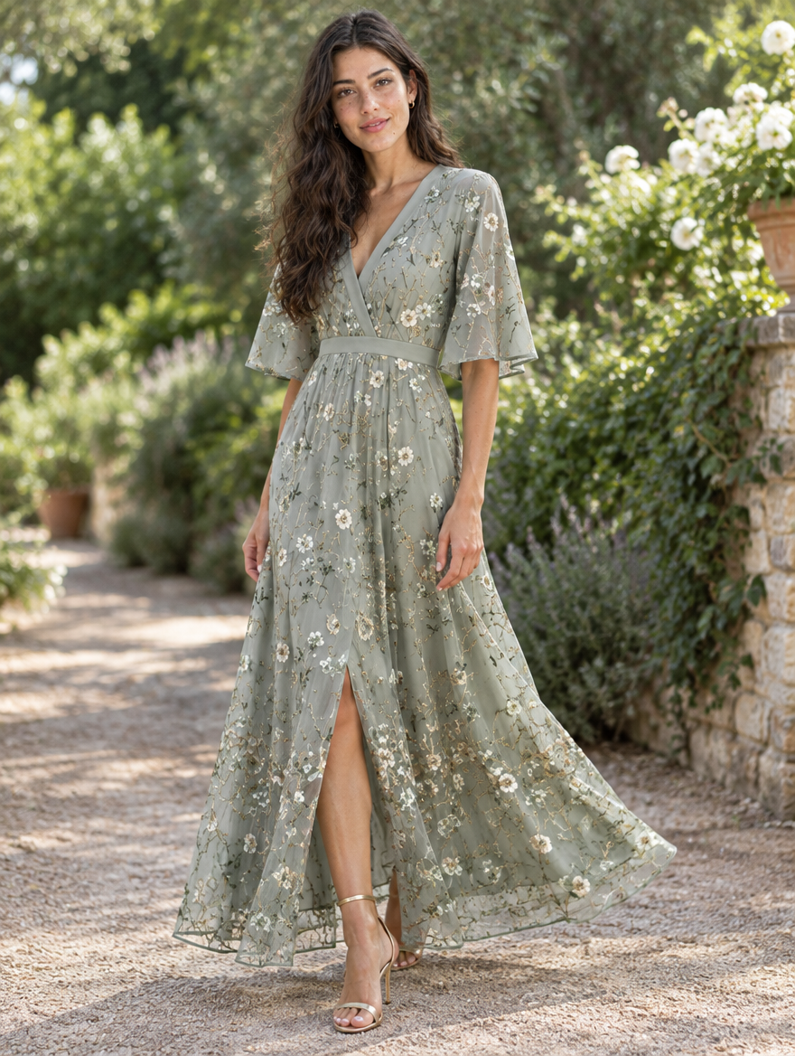 Woman walking in a floral maxi dress with front slit, outdoors