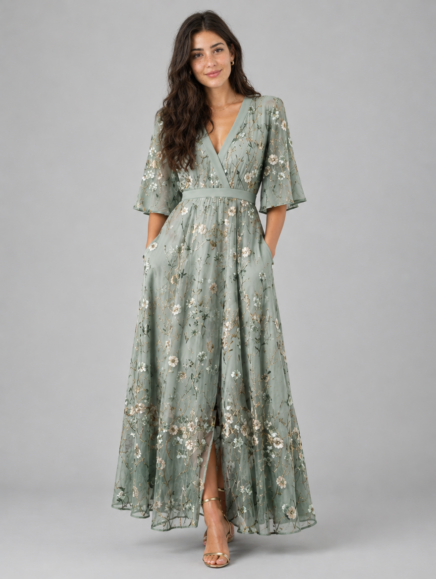 Woman wearing a floral maxi dress with V-neck and flutter sleeves, front view