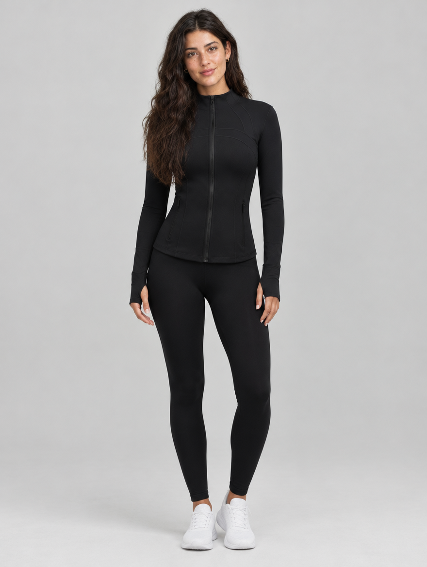 Woman wearing a black fitted zip up gym jacket with stand collar, front view