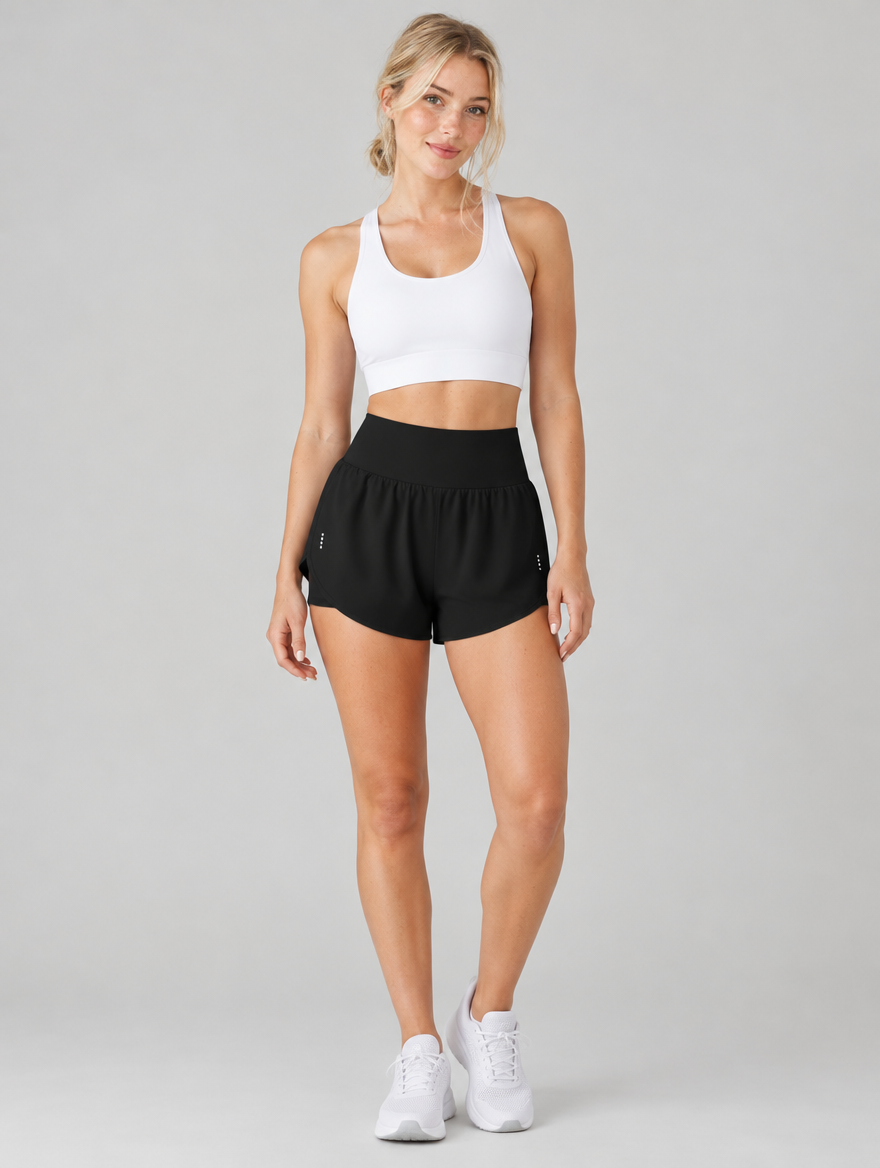 Woman wearing black 2 in 1 running shorts with a white sports top, front view