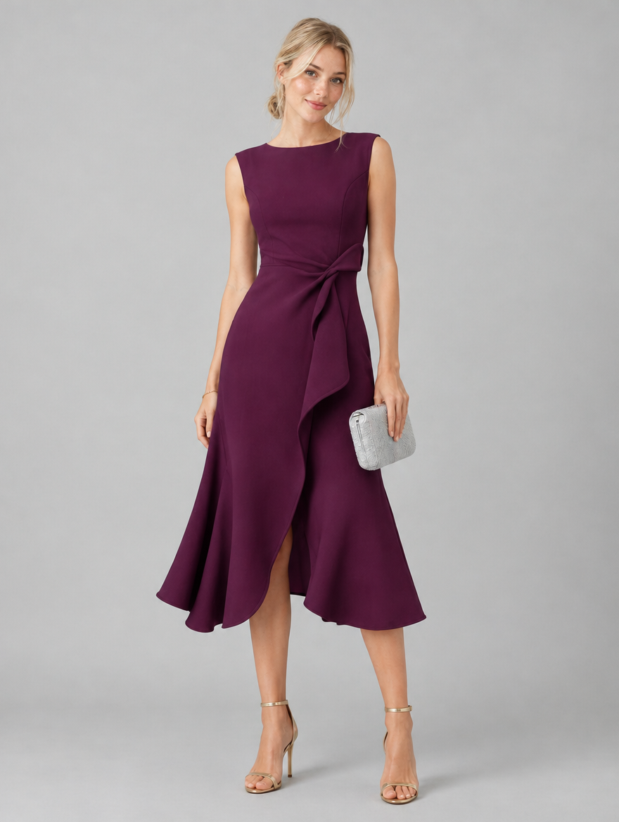 Woman wearing a purple sleeveless asymmetric draped midi dress, front view