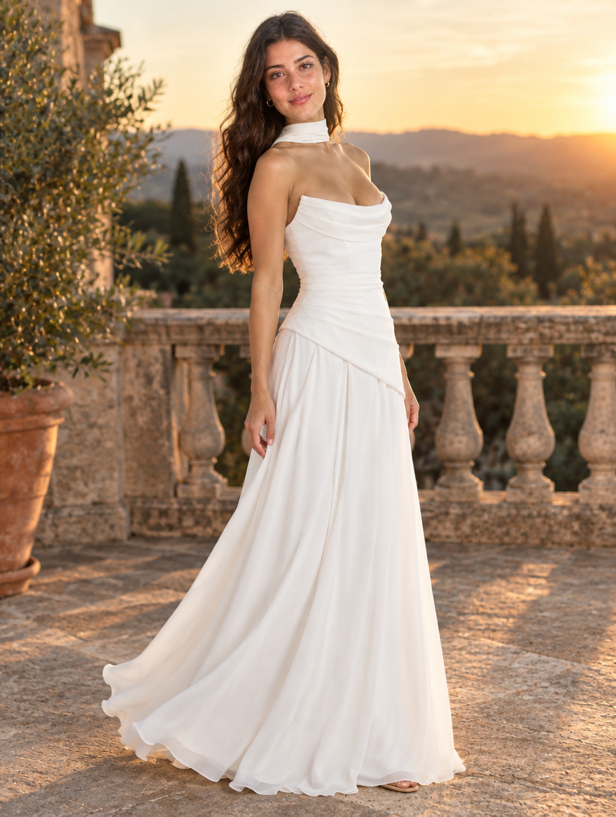 Woman in a white cowl neck maxi dress standing on a stone terrace, side view