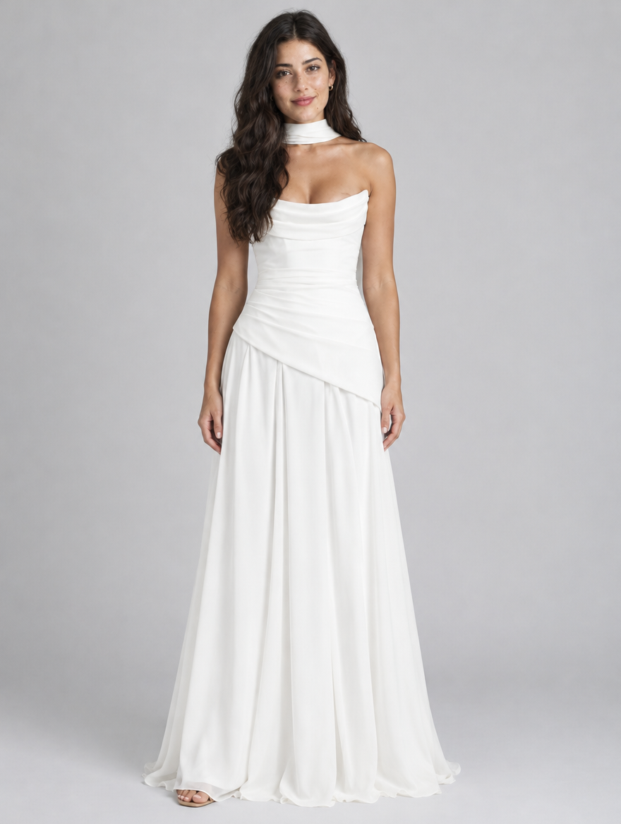 Woman wearing a white strapless cowl neck maxi dress with neck band, front view