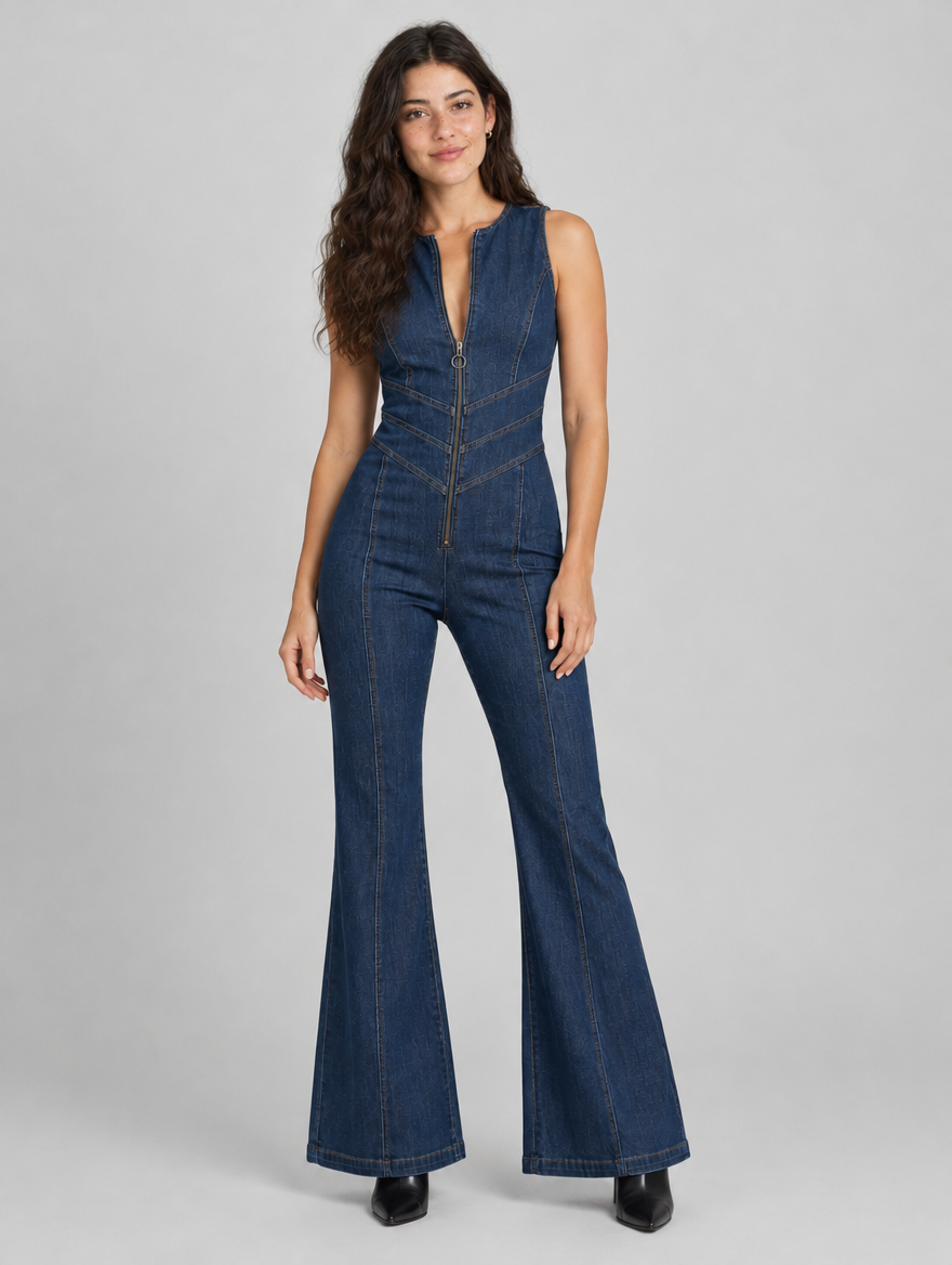 Woman wearing a dark blue sleeveless denim jumpsuit with front zip and flared legs, front view