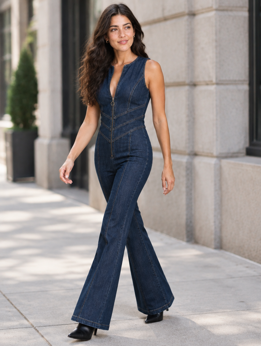 Woman walking in a dark blue flared denim jumpsuit, side view