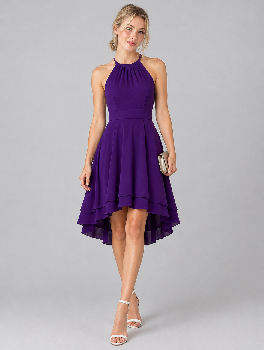 Woman wearing a purple sleeveless halter neck dress with layered ruffle skirt, front view