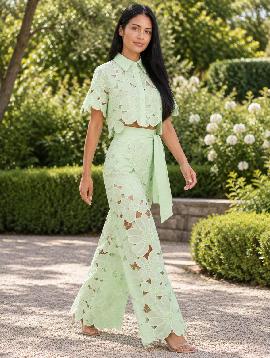 Woman walking in a mint green lace blouse and trousers co-ord set in a garden, side view