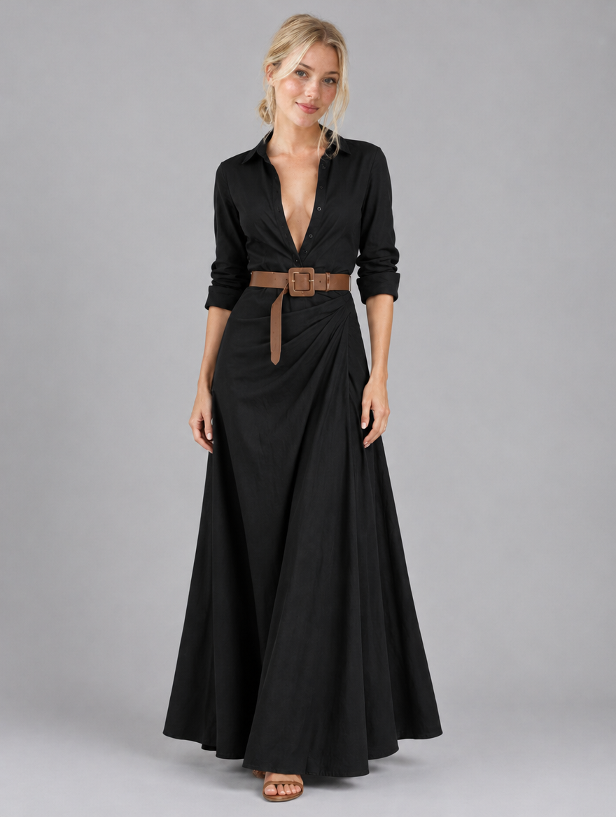 Woman wearing a black long-sleeve belted maxi shirt dress with tan belt, front view