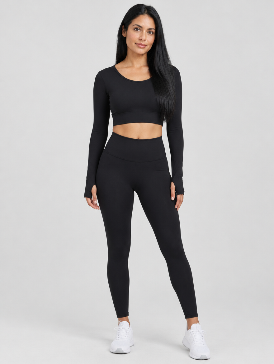 Woman wearing a black fitted long-sleeve cropped workout top with high-waist leggings, front view
