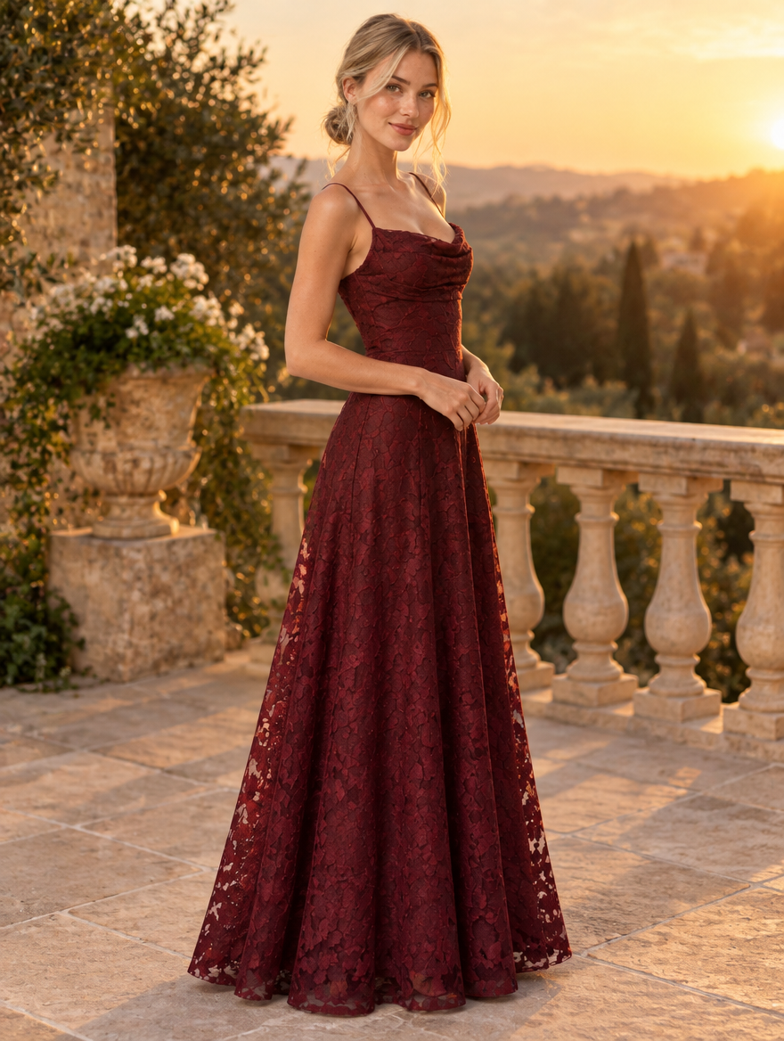 Burgundy lace maxi dress with flared skirt, three-quarter view on a terrace