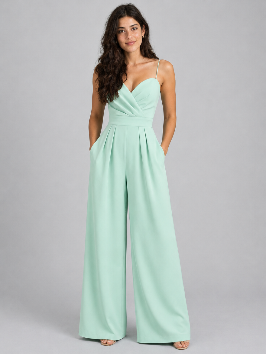 Woman wearing a mint green sleeveless wide-leg jumpsuit with wrap bodice, front view