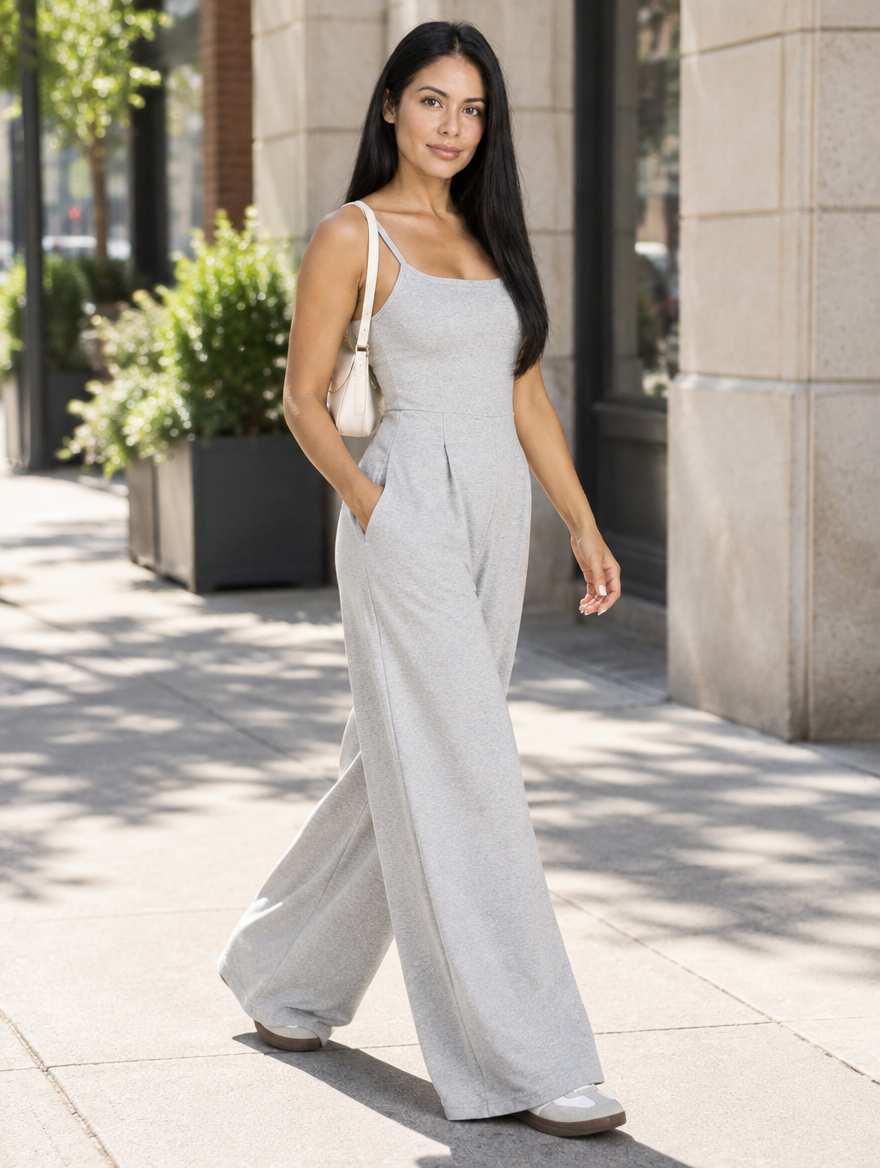 Light grey wide-leg jumpsuit, three-quarter view on a city street