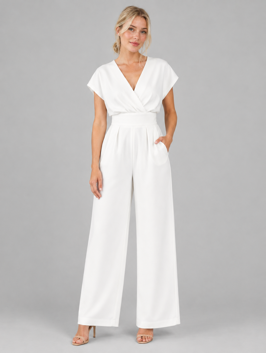 Woman wearing a white wide-leg jumpsuit with wrap V-neck and cap sleeves, front view
