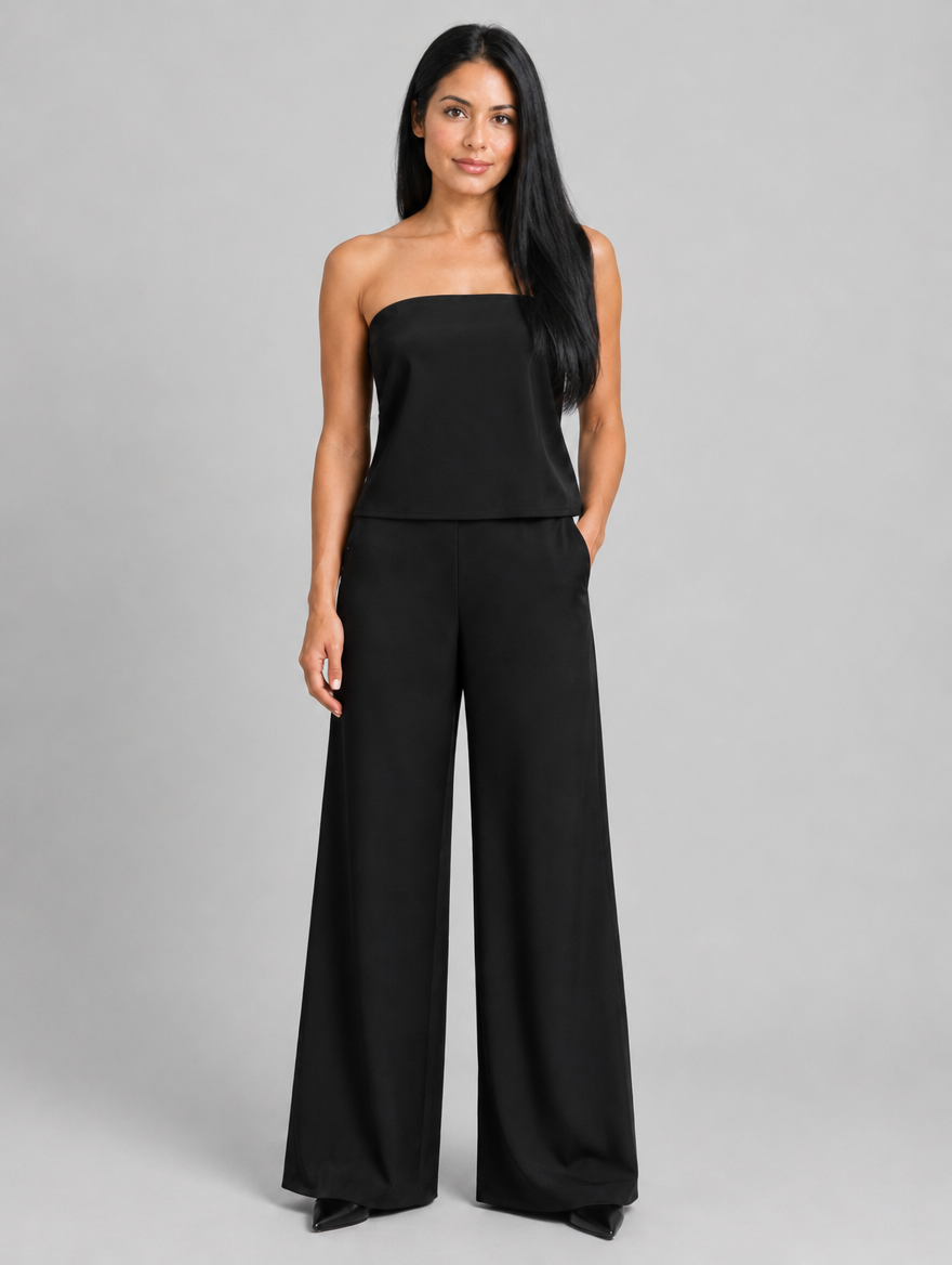 Woman wearing a black satin two-piece set with strapless top and wide-leg trousers, front view