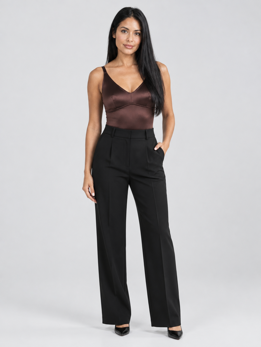 Woman wearing a brown satin V-neck bodysuit with black trousers, front view