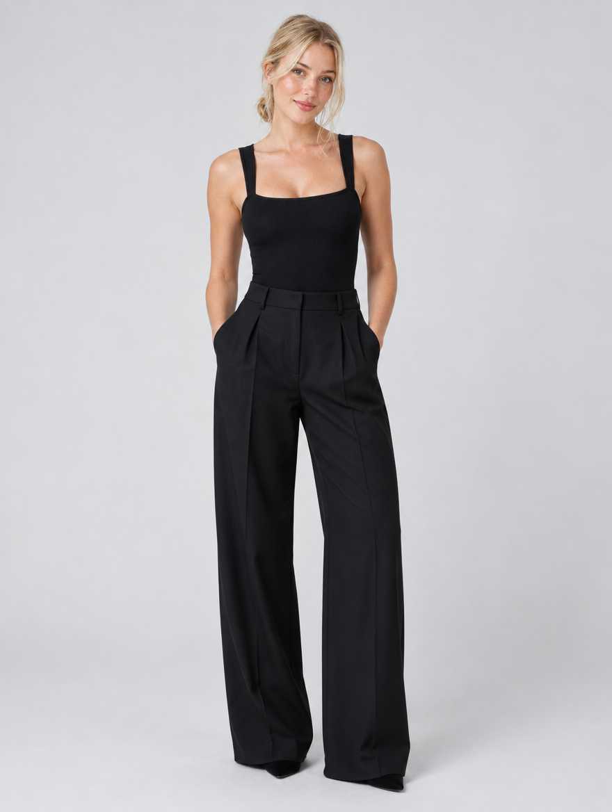 Woman wearing a black ribbed square neck bodysuit with wide-leg trousers, front view