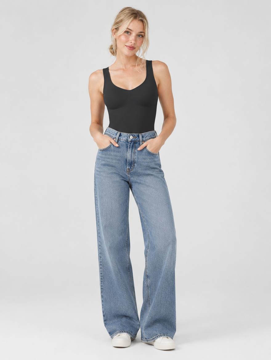 Woman wearing a dark grey sleeveless round neck bodysuit with wide-leg jeans, front view