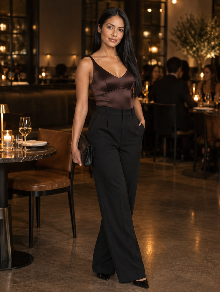 Brown satin bodysuit with straps styled for an evening out