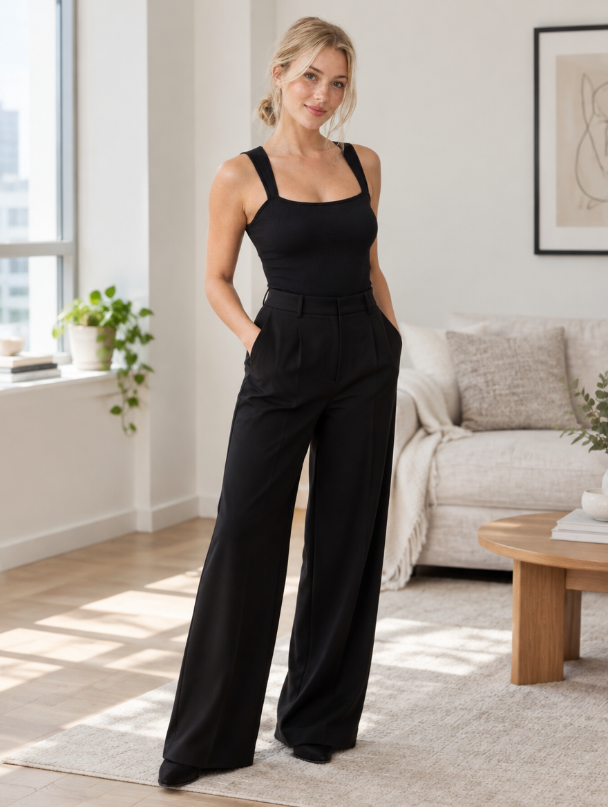 Black ribbed square neck bodysuit styled with trousers in a bright apartment