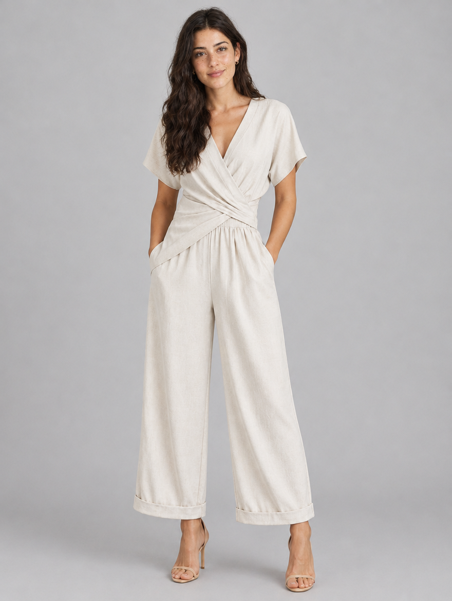 Woman wearing a cream V-neck short sleeve jumpsuit, front view