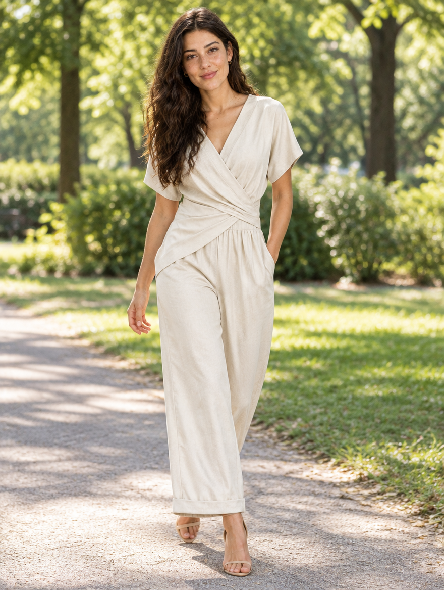 Woman in a cream V-neck jumpsuit walking in a sunny park