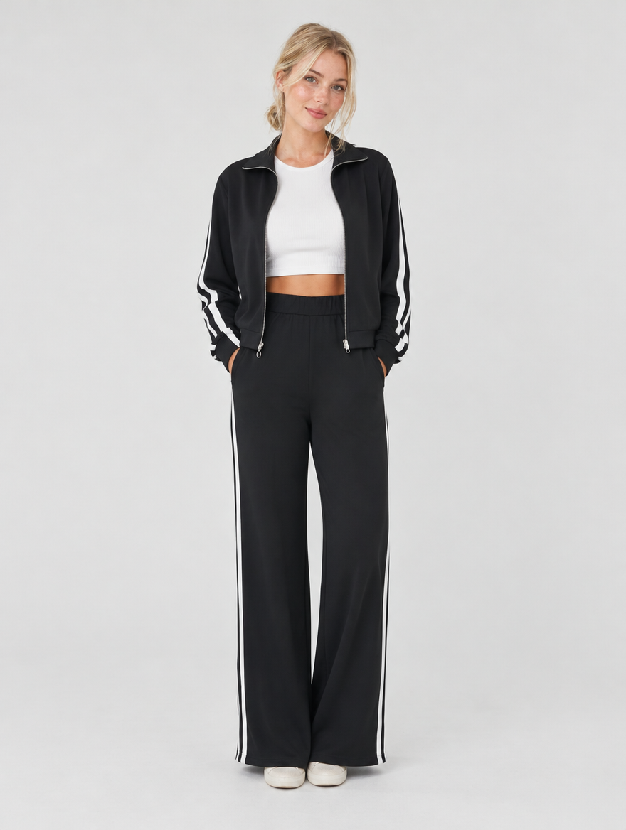 Woman wearing a black tracksuit set with cropped zip jacket and wide leg joggers, front view