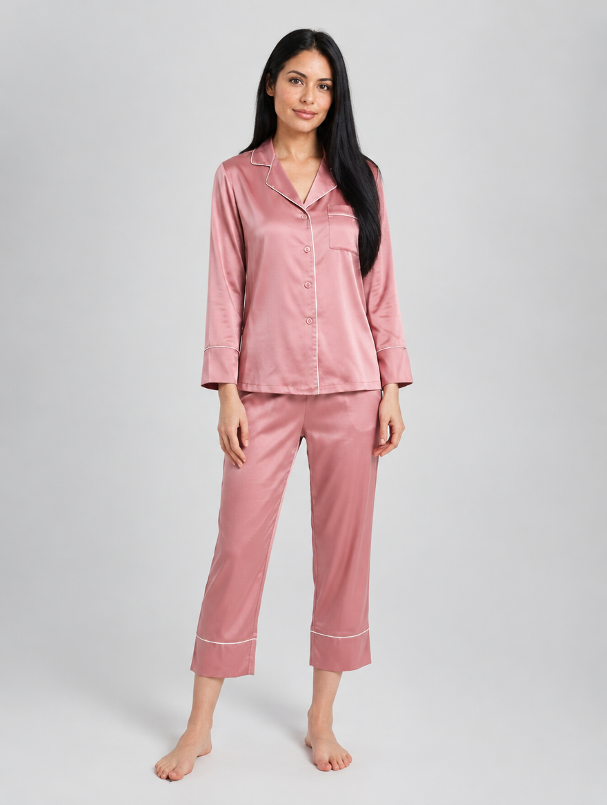 Woman wearing a pink satin long sleeve button up pajama set, front view
