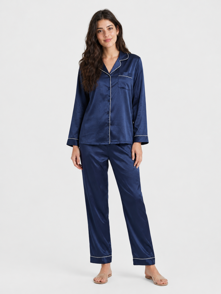 Woman wearing a navy satin pyjama set with white piping, front view