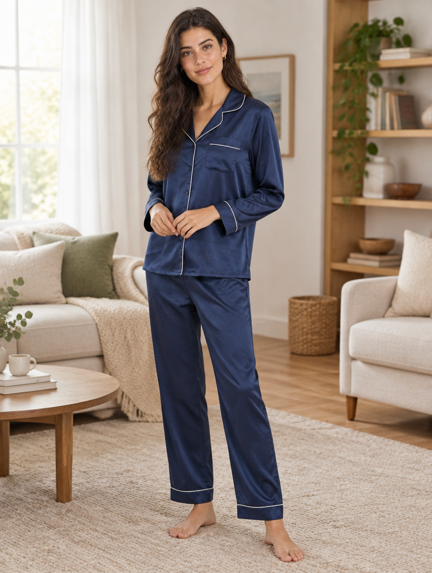Woman in a navy satin pyjama set in a cosy living room
