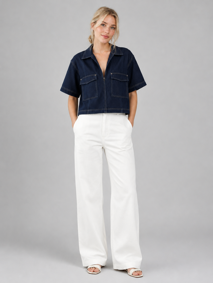 Woman wearing a cropped short sleeve dark denim shirt with white trousers, front view