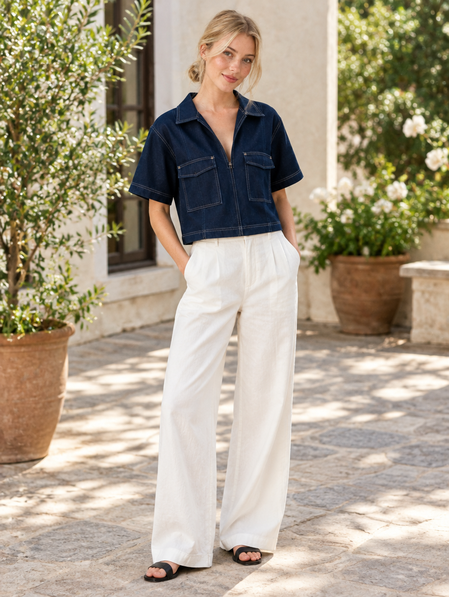 Woman in a cropped dark denim shirt and white trousers in a sunny courtyard