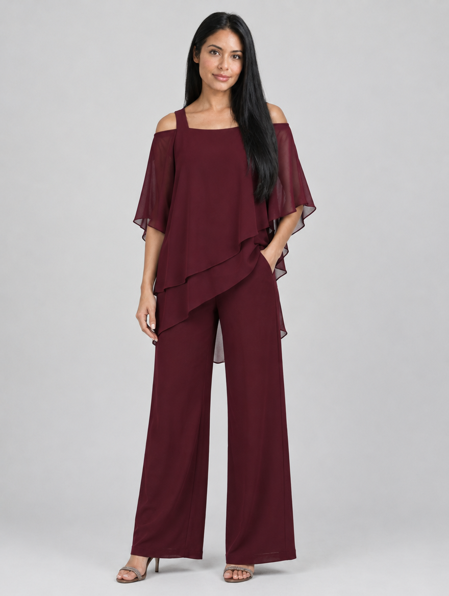 Woman wearing a maroon chiffon off-shoulder top with matching wide-leg trousers, front view