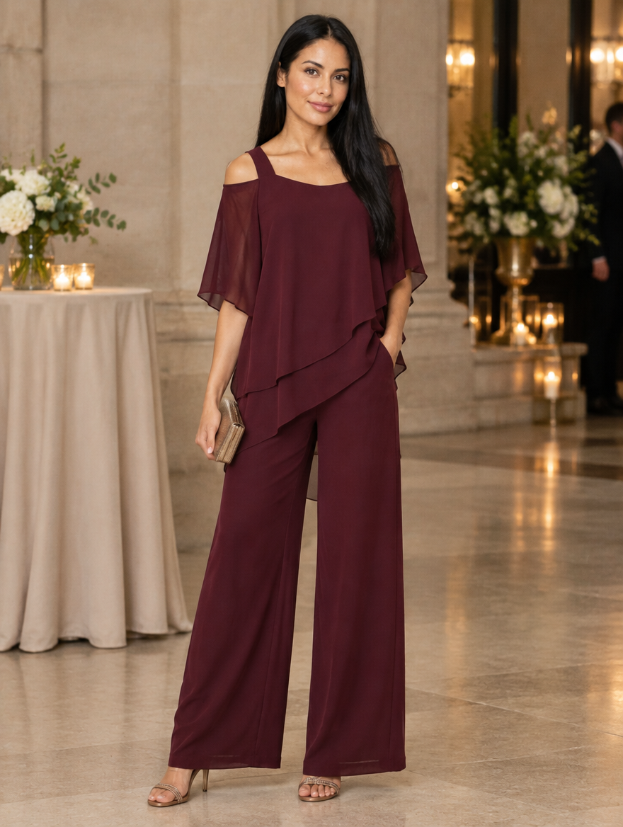 Woman wearing a maroon chiffon top and wide-leg trousers co-ord set, lifestyle shot