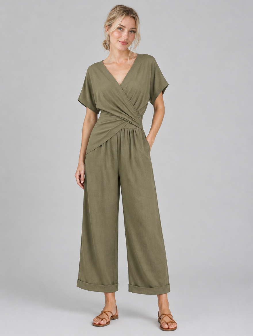Woman wearing an olive green wrap V-neck cropped wide leg jumpsuit, front view