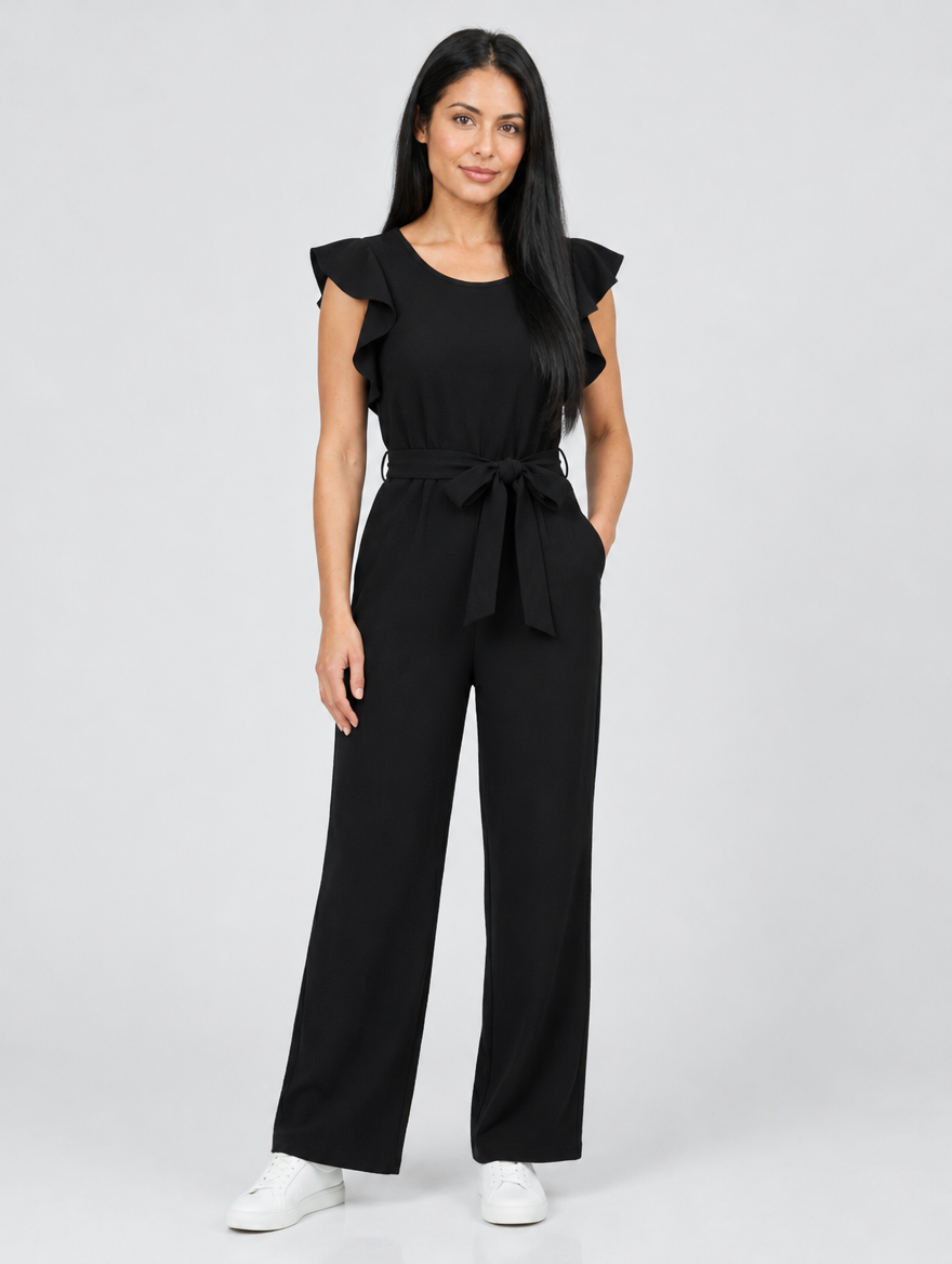 Woman wearing a black ruffle sleeve jumpsuit with tie waist, front view