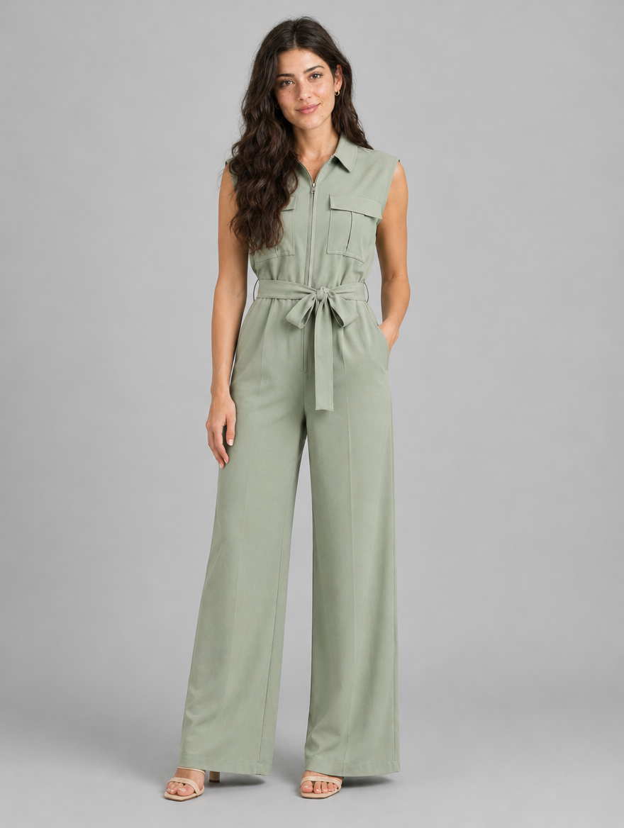 Woman wearing a sage green sleeveless collared wide-leg jumpsuit with tie waist, front view