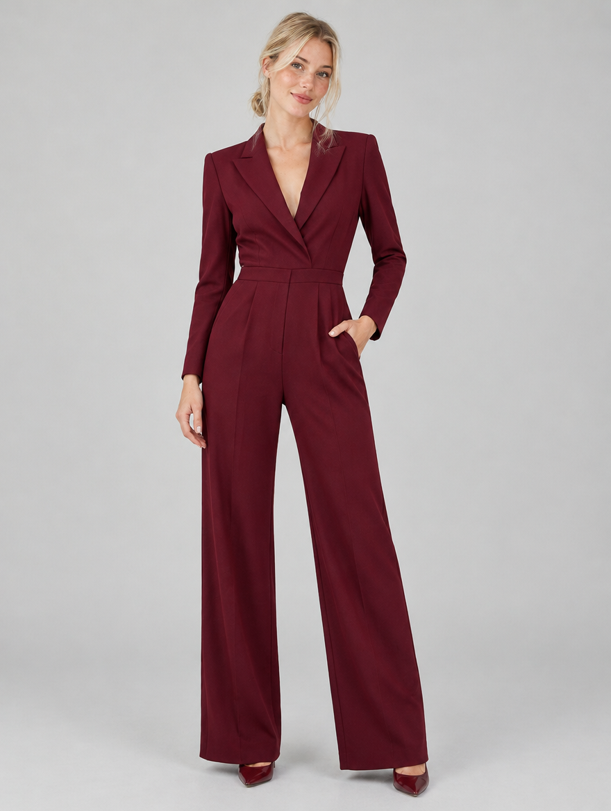 Woman wearing a burgundy wide-leg jumpsuit with lapel collar, front view