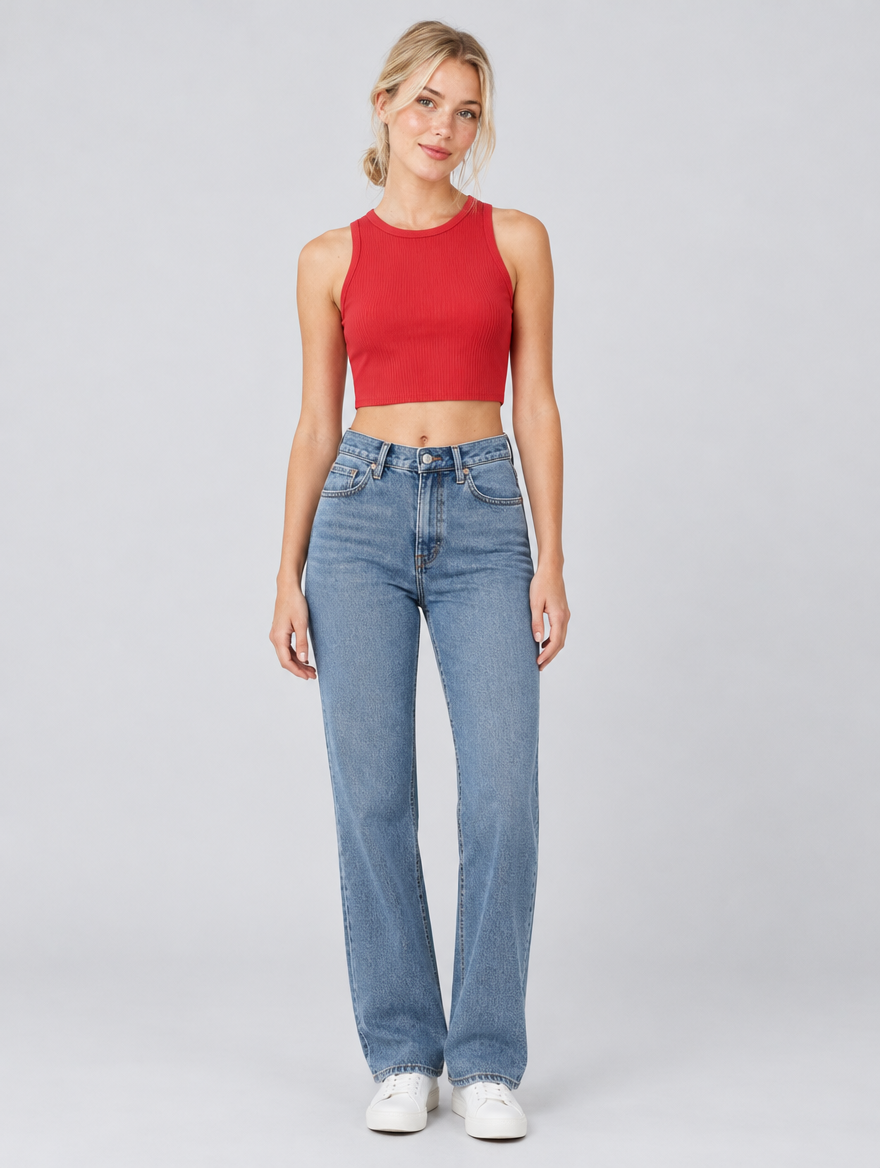 Woman wearing a red ribbed cropped tank top with high waisted jeans, front view
