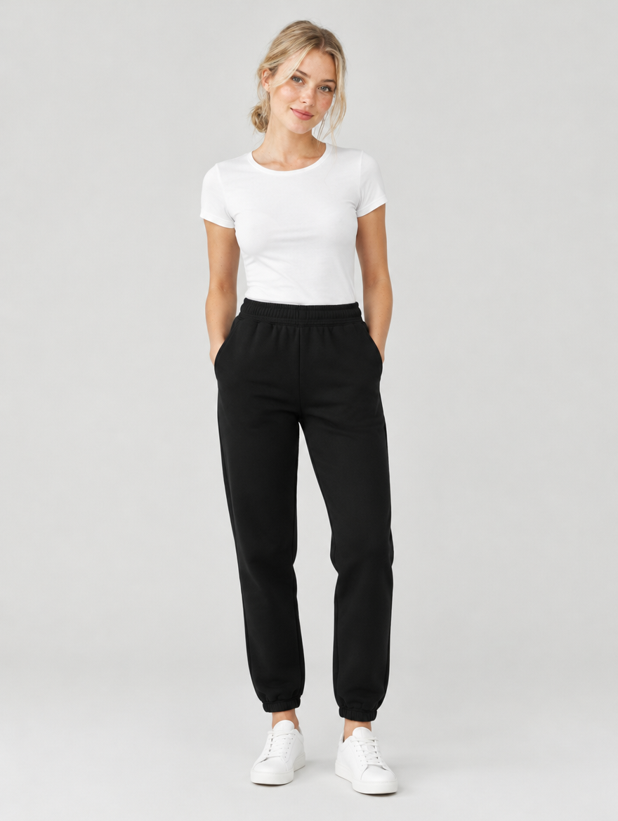 Woman wearing black relaxed fit joggers with a white top and sneakers, front view
