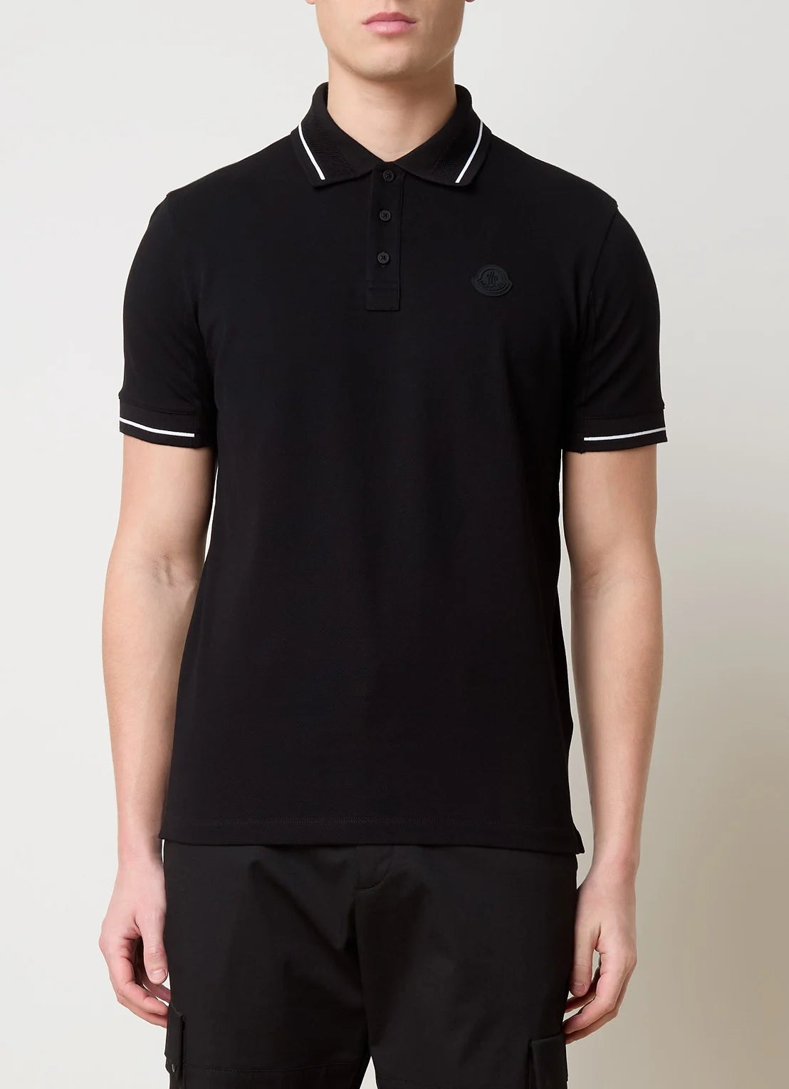 Moncler Men's Black Cotton Short Sleeve Contrast Trim Logo Patch Polo Shirt