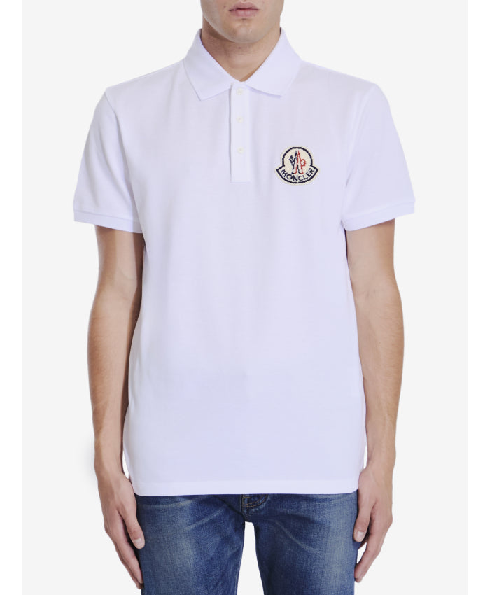 Moncler Men's White Cotton Piqué Short Sleeve Pixel Logo Patch Polo Shirt